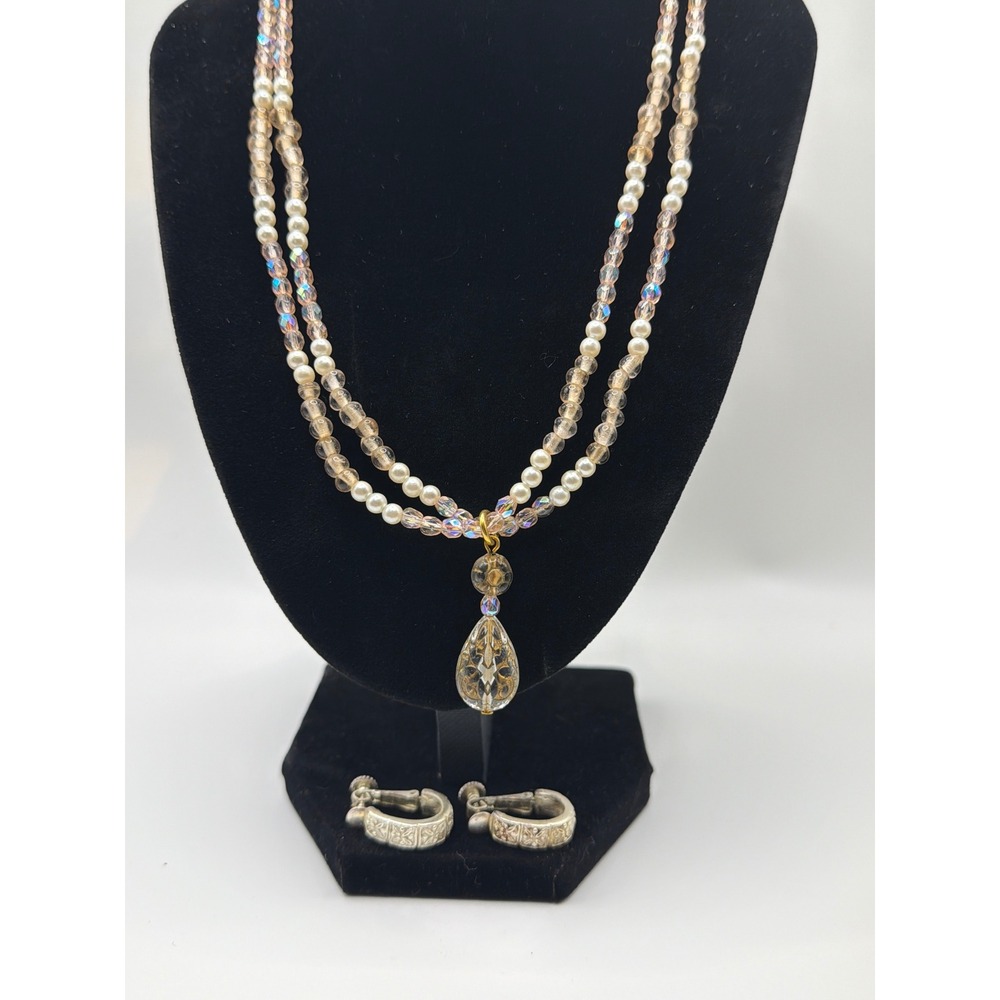 Napier Vintage Beaded Necklace Intaglio Teardrop Pendant and Hoop Earrings Set